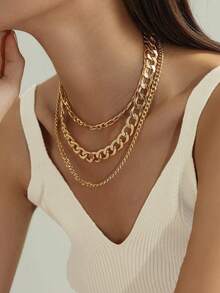 Set de 3 collares de estilo punk metálico, collar gargantilla de cadena gruesa en capas, adecuado para uso diario - Dorado - Ver 4