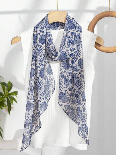 1条春夏简约轻薄复古蓝色花卉印花围巾，聚酯纤维材质，女士款