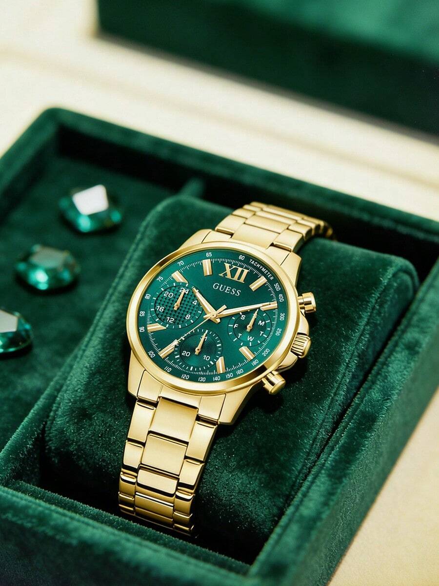 Reloj cronógrafo multifunción de tono dorado con esfera verde de rayos solares para dama GUESS GW0933L6 - Verde - Ver 1