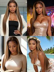 VIOLLY 13x6高清透明蕾丝前额直发巴西发，200%高密度，耳到耳自由分缝，自然发际线，婴儿绒毛，预先拔毛，预先漂白，#P4/27棕色渐变挑染蜂蜜金混合真人发假发，适合日常佩戴或参加派对。 - SP4/27 - 查看 9