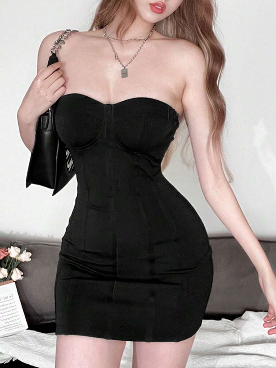 YeonC优雅无袖无肩带修身短款连衣裙，针织面料，女士派对礼服 - 黑色 - 查看 1