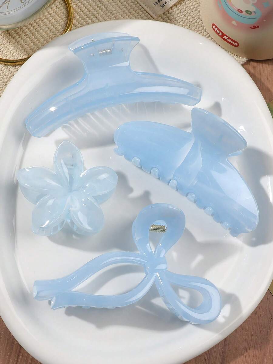 4个蓝色半透明雏菊蝴蝶结发夹，半扎发造型配饰，适合甜美女孩，夏季，海滩，野餐，派对度假爪夹沙滩发夹 - 彩色 - 查看 1