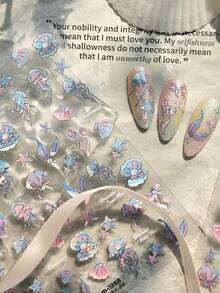 1张5D闪亮海洋系列美甲贴纸，可爱粉蓝渐变水母珍珠贝壳海星丝带蝴蝶结美人鱼尾巴美甲装饰贴花 - 彩色 - 查看 3