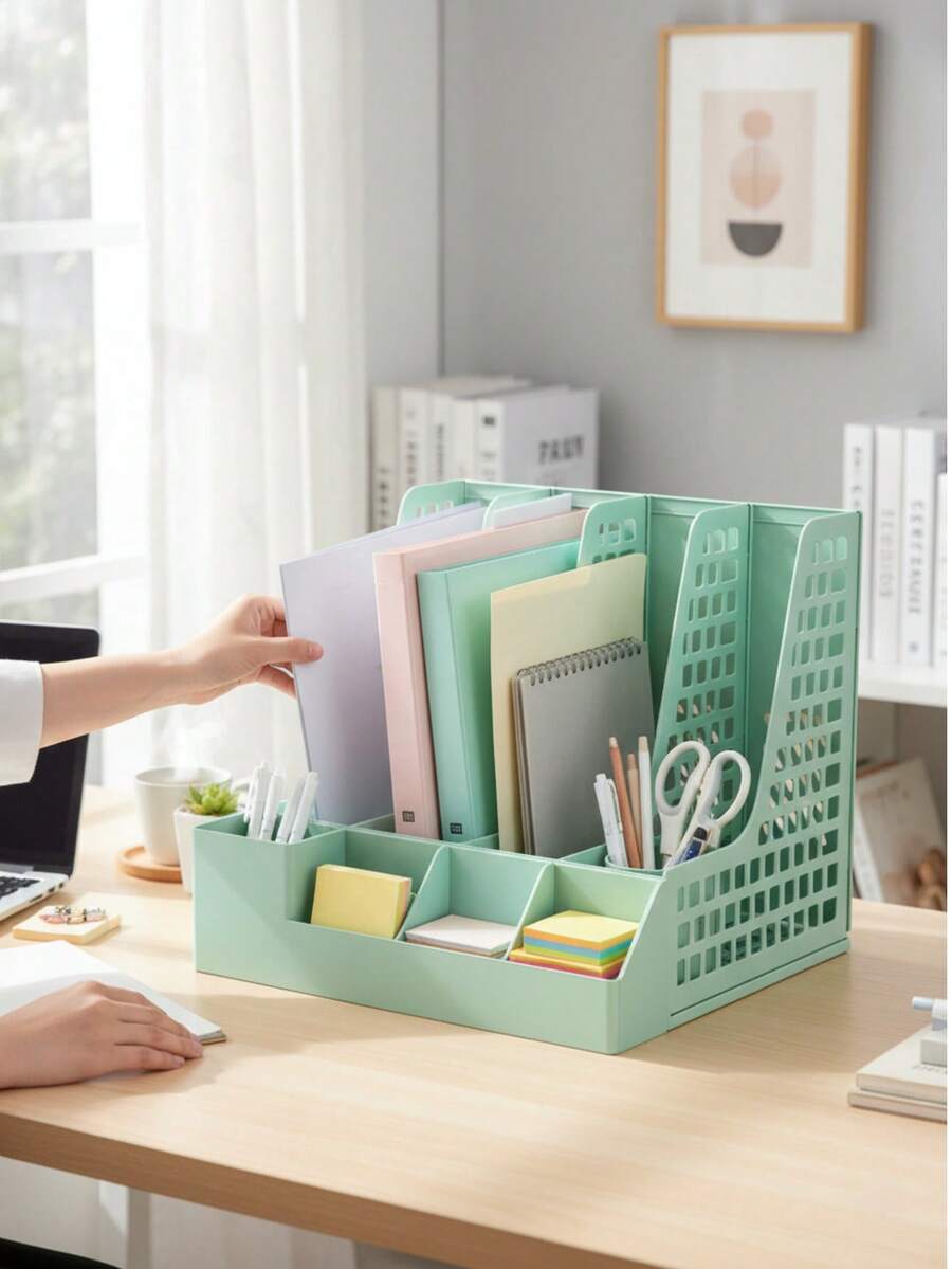 4-Grid Desk Organizer With Pen Holder - Fashionable Office Supplies And File Storage - Single Piece - View 1