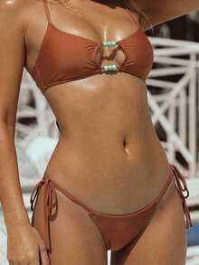 Hollow Design Solid Color Beaded Hollow Camisole Bikini Set Vacation Beach Summer - Brown - View 4
