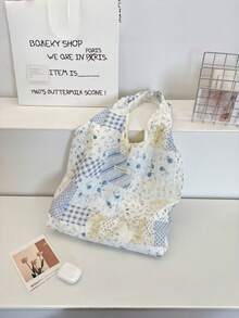 1pc Women's Floral Patchwork Tote Bag, Suitable For Spring And Summer, Large Capacity Canvas Bag Suitable For Students, Shoulder Handbag For School Use - Multicolor - View 6