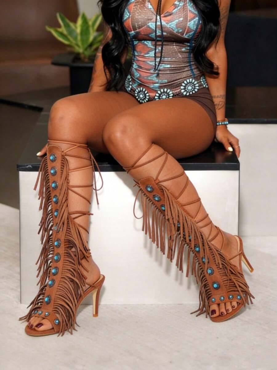 Women's Knee High Sandals High Heel Strappy Gladiator Shoes Fashion Fringe Tassels Lace-Up Sandalas Suede Open Toe With Stones Summer Shoes Beach Party Vacation Comfortable Shoes - màu nâu - Xem 1