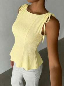 1pc Solid Color Knit Fabric Ruffle Trim Casual Top, Summer - Light Yellow - View 5