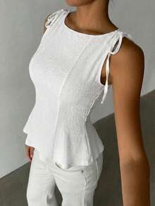 1 pieza Blusa de punto con volantes en el bajo, Uso casual de verano en color rosa - Blanco 2 - Ver 5