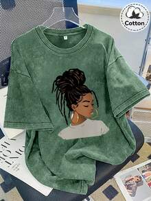 2026 Summer Women's Casual Short Sleeve T-Shirt, Hot Girl Portrait Print, Washed Cotton Crew Neck Tee, 100% Cotton Everyday Wear, Available S-3XL - 綠色 - 查看 1