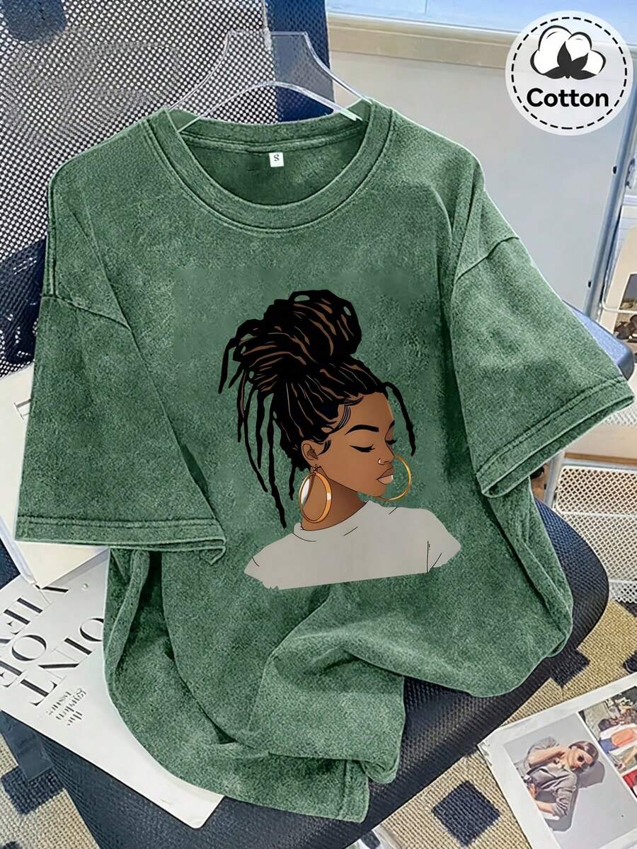 2026 Summer Women's Casual Short Sleeve T-Shirt, Hot Girl Portrait Print, Washed Cotton Crew Neck Tee, 100% Cotton Everyday Wear, Available S-3XL - 綠色 - 查看 1