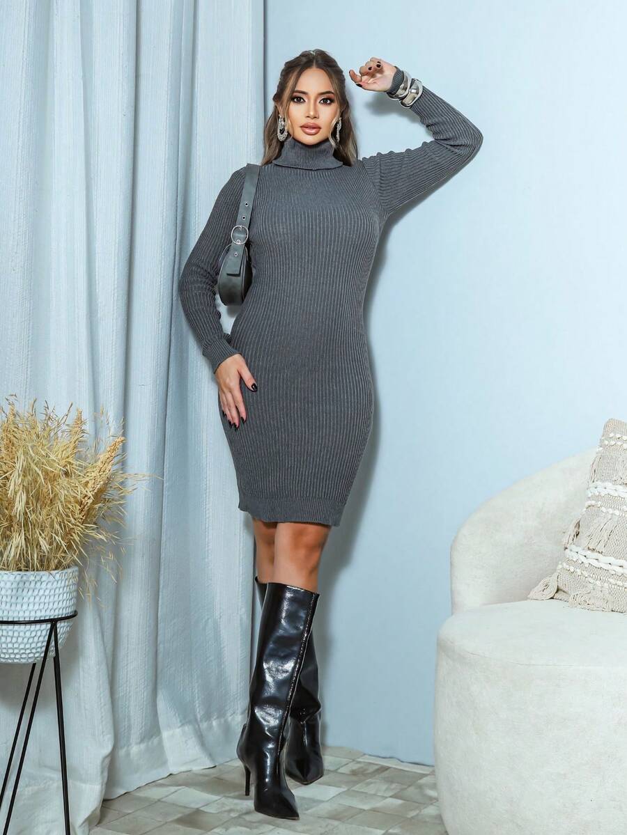 Women's Ribbed Knit Dress, Fitted, Long Sleeves, High Neck - Mother's Day Gift - Grey - View 1