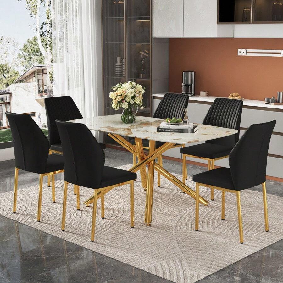 Table And Chair Set. 63" X 35.4" Luxurious White Marble-Patterned Tempered Glass Dining Table.Paired With 6 BLACK PU Material High Resilience Dining Chair With Metal Gold Leg. - Black + White+Gold + Breathable PU Leather + Glass+Metal + Seats 61 - View 1