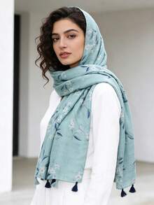 Khăn choàng in họa tiết Bohemian mới, mỏng, thoáng khí, có tua rua, kiểu dáng thanh lịch, thích hợp cho nữ, chống nắng, du lịch nghỉ dưỡng. - màu xanh lá - Xem 3