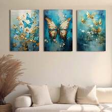 3 tranh nghệ thuật trừu tượng hiện đại hình bướm vàng xanh, tranh canvas 2D dạng phẳng, khung tùy chọn, tranh trang trí nhà cửa phòng khách và phòng ngủ, món quà thanh lịch dành cho phái nữ - Màu xanh lam - Xem 12