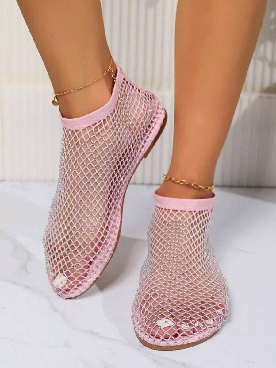1 đôi sandal lưới đính đá cho nữ - Giày bệt đế bằng siêu thoải mái, thoáng khí, gót thấp, nhẹ, thích hợp cho mùa hè.
