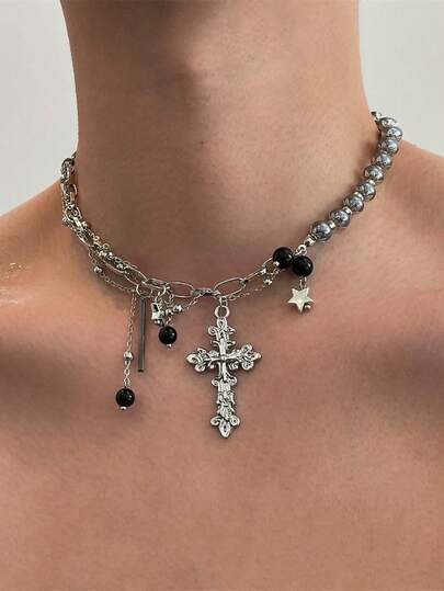 1 chiếc vòng cổ choker nam bằng bạc hình thánh giá, dây hạt cườm với mặt dây chuyền hình ngôi sao, phong cách đường phố.