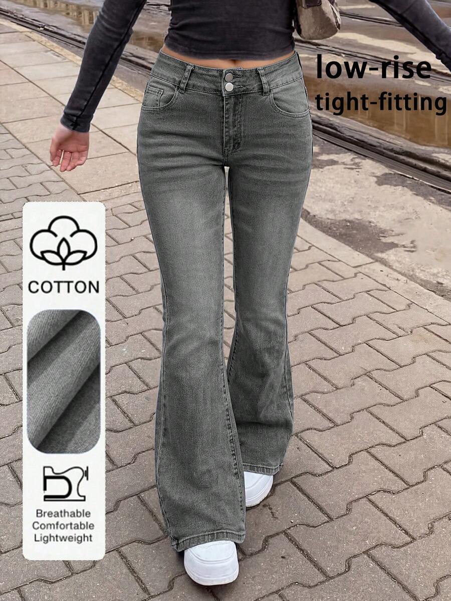 Pantalones vaqueros de talle alto y corte evasé con cierre doble de mujer, elegantes y minimalistas, que estilizan la figura, de uso casual para primavera - Gris Claro - Ver 1