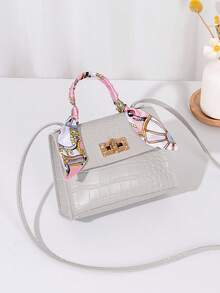 1pc Girls' Solid Color Mini Crossbody Bag, Scarf Decor Handbag, Suitable For Daily Use, Ideal Gift Choice - Grey - View 3