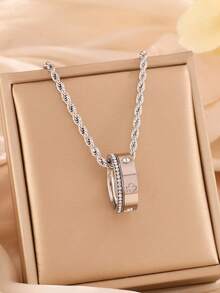 1 pieza Anillo con corazón de acero inoxidable chapado en oro de 18K con diamantes de imitación, con collar de cadena de cuerda de oro de 14K, adecuado para uso diario de mujeres, regalo de vacaciones, collar colgante de moda - collar - Ver 2