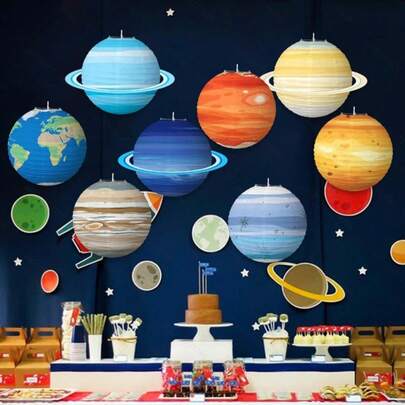 8pcs Space Party Hanging Paper Lanterns, Astronaut Galaxy Party Decorations, Solar System Planet Decor For Galaxy Themed Birthday Party, Ceiling Decorations
