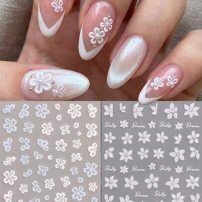 2pcs 5D Embossed Nail Stickers - Elegant White Butterfly & Fresh Floral Nail Decals - Romantic Handwritten Letters - Suitable For Wedding, Date, Spring/Summer, Graduation DIY Nail Art Decoration