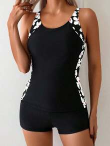 Women's Fashion Camisole Set, Round Neck Floral Trim Top Paired With Solid Black Swim Shorts, Casual Sexy, Medium Stretch.Vacation - 黑色 2 - 查看 3