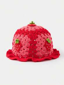 1pc Women's Handmade Crochet Strawberry Pattern Bucket Hat, Bohemian Style Hollow Out Ruffled Cute Knitted Cap, Breathable Foldable Casual Hip Hop Hat - 紅色 - 查看 15