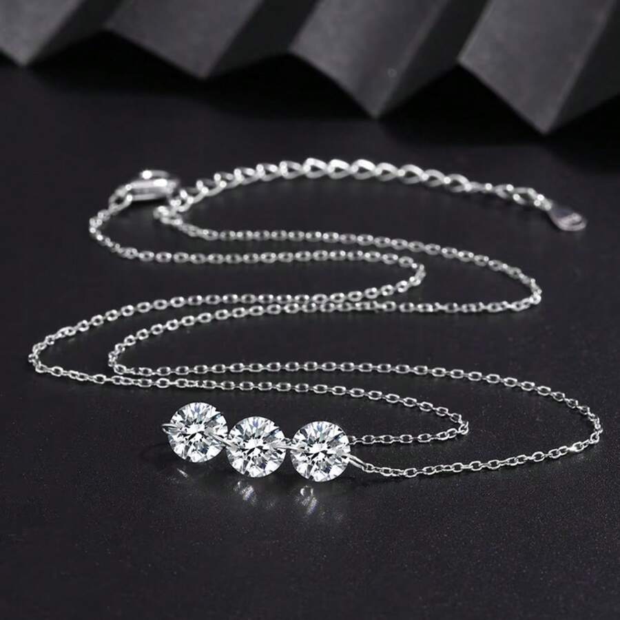 Fashionable Minimalist White Gold Plated Necklace With 3 Sparkling Zirconia Stones, Elegant Floating Pendant For Women - White Gold - View 1