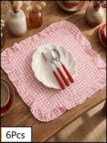 1/2/4/6pcs Square Placemat With Ruffle Edge, Fresh Minimalist Style, Kitchen Decor, Dining Table Mat, Waterproof Non-Slip Pad For Holiday Party, Birthday, Wedding, Office Desk, Coffee Table, Home Decor, All Seasons - Pink - View 9