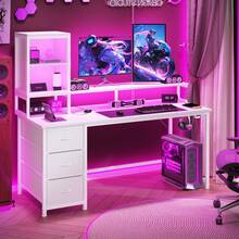EnHomee 55"Gaming Desk Computer Desk With Power Outlets, Modern Desk Table Home Office Desk Vanity Table With Storage & Ergonomic Monitor Stand - 白色 - 查看 10