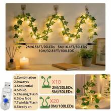Dây đèn LED hình dây leo uốn cong được, 1 cuộn, 20/50/100 hạt LED với lá xanh và móc leo, kiểu Mori tự nhiên tươi sáng, kết cấu dây leo chân thực, thích hợp cho trang trí đám cưới, lễ đính hôn, Giáng sinh, Lễ Tạ ơn, Ngày của Mẹ, Diwali và các ngày lễ khác. - USB Green Leaf - Xem 4