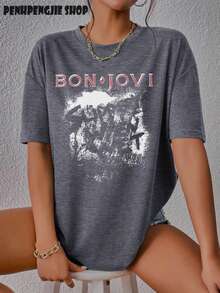 Women's Vintage Bon Jovi Rock Band Graphic Tee, Festival Outfits For Women, Rock Concert Outfit, 90s Grunge Oversized T Shirt - 灰色 - 查看 2