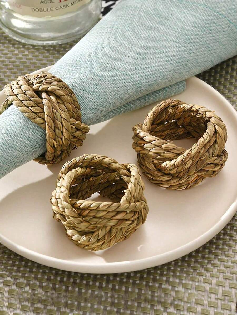 12pcs Handmade Natural Woven Rattan Napkin Rings, Suitable For Wedding, Dinner Party, Gathering, Banquet, Home Dining Table Decor - Multicolor - View 1