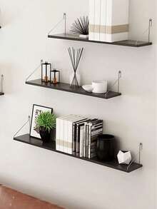 1pc (Hook Included) Partition Shelf, Wallmount Floating Shelf, No Drilling Required, Wall Decor For Bedroom, Study, Living Room, Bathroom, Kitchen, Wooden Hanging Storage Rack - Black - View 6