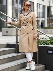 Women's Double-Breasted Long Trench Coat, Knee-Length, With A Detachable Hood, Belt And Buttons, And Pockets. Classic Cut, Casual Street Style. - Camel - View 1