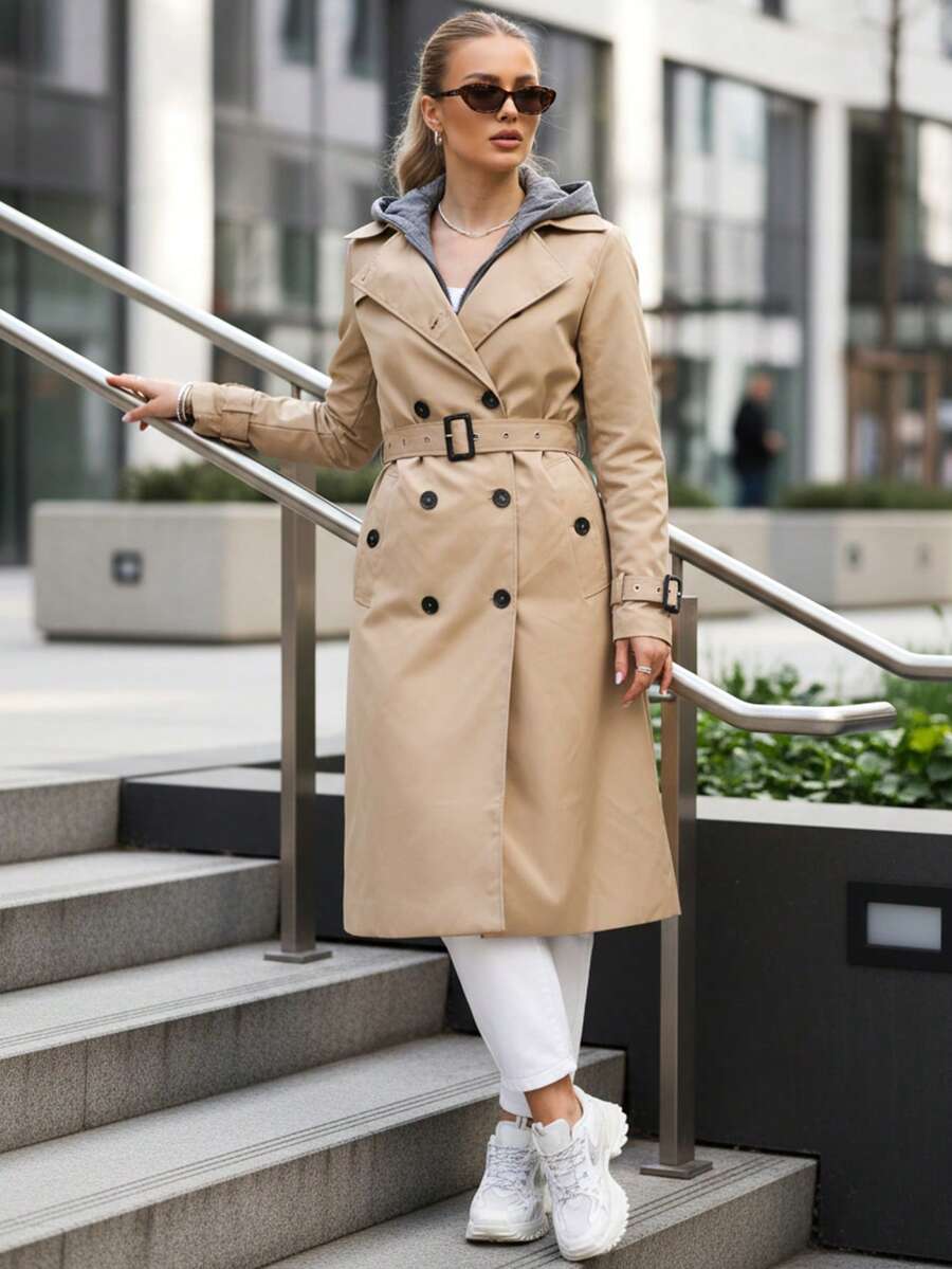 Women's Double-Breasted Long Trench Coat, Knee-Length, With A Detachable Hood, Belt And Buttons, And Pockets. Classic Cut, Casual Street Style. - Camel - View 1