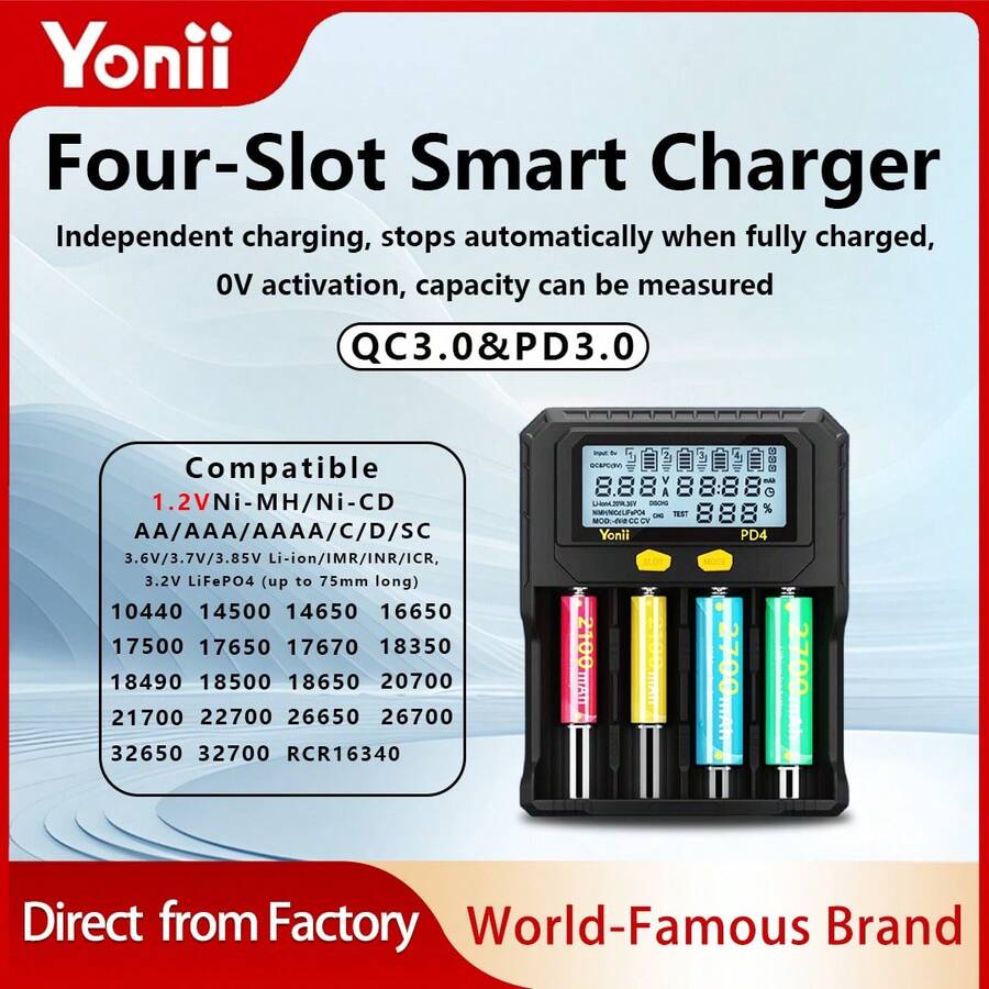 四槽液晶显示屏电池充电器，第四槽带电池容量检测功能，兼容3.7V-4.2V锂离子充电电池（18650/21700/26700）、3.2V磷酸铁锂电池、1.2V镍氢/镍镉电池（AA/AAA/AAAA），配备USB-C数据线，具有过充保护功能。 - 黑色 - 查看 1