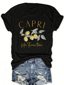 Camiseta gráfica de manga corta y cuello redondo para damas de talla plus relajada, con diseño de rama de limón, perfecta para verano y primavera - Disponible en tallas plus - Negro - Ver 1