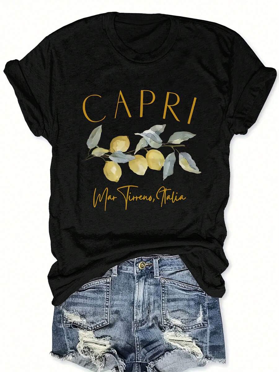 Camiseta gráfica de manga corta y cuello redondo para damas de talla plus relajada, con diseño de rama de limón, perfecta para verano y primavera - Disponible en tallas plus - Negro - Ver 1