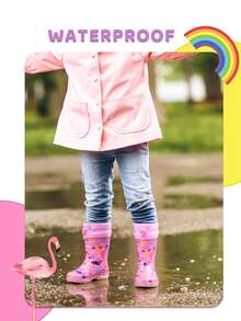 Girls' Waterproof Glitter Flamingo Rain Boots, Outdoor Anti-Slip Rainshoes, Comfortable Drawstring Lace-Up Rain Boots For All Seasons - Pink - View 6