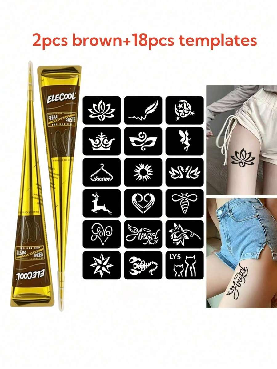Bộ dụng cụ xăm henna nhiều màu sắc - Hình xăm henna nhiều màu chất lượng cao, 18 mẫu ngẫu nhiên có thể tái sử dụng | Thuốc nhuộm henna tự nhiên pha sẵn cho nghệ thuật xăm tạm thời | Không thấm nước & không lem, bền lâu | Bộ tự làm dành cho người mới bắt đầu, phù hợp cho các bữa tiệc, lễ hội, Halloween, đám cưới và đêm henna, phong cách phác thảo - Nhiều màu - Xem 1