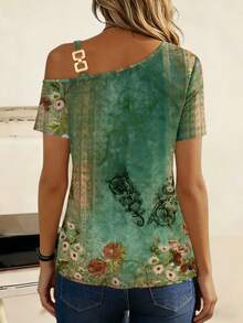 MOOSGOP Romantic Printed One-Shoulder Short Sleeve T-Shirt With Metal One Shoulder Buckle, Casual Sleepwear For Spring/Summer Vacation - Green - View 6