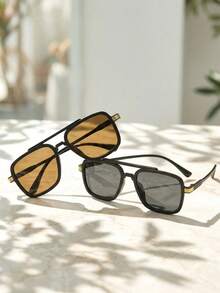 1 Pair Of Square Fashion Glasses, Double Beam Design, Vintage Classic Versatile, Customizable, Women's Glasses, Beach Accessories, Back-To-School College Style Outfit - 2pcs(black+Brown) - View 7