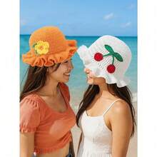 1pc Women's Handmade Crochet Strawberry Pattern Bucket Hat, Bohemian Style Hollow Out Ruffled Cute Knitted Cap, Breathable Foldable Casual Hip Hop Hat - 紅色 - 查看 6