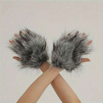 Plush Wolf Paw Gloves, Halloween Christmas Theme Party Cosplay Wolf Costume Accessories Props