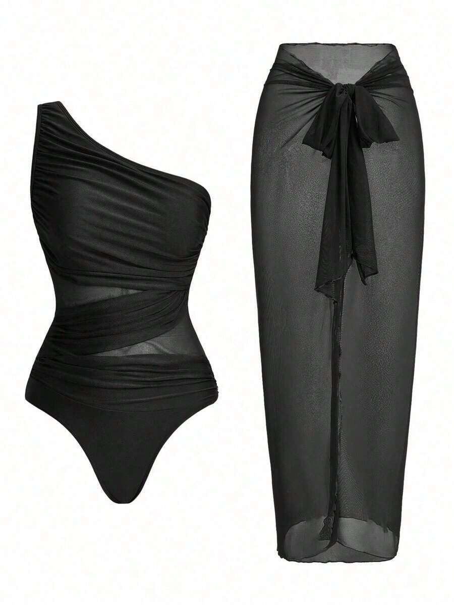 Swim Oasis One-Piece Swimsuit With Solid Color Ruched Mesh Panel And Sarong Skirt - Black - View 1