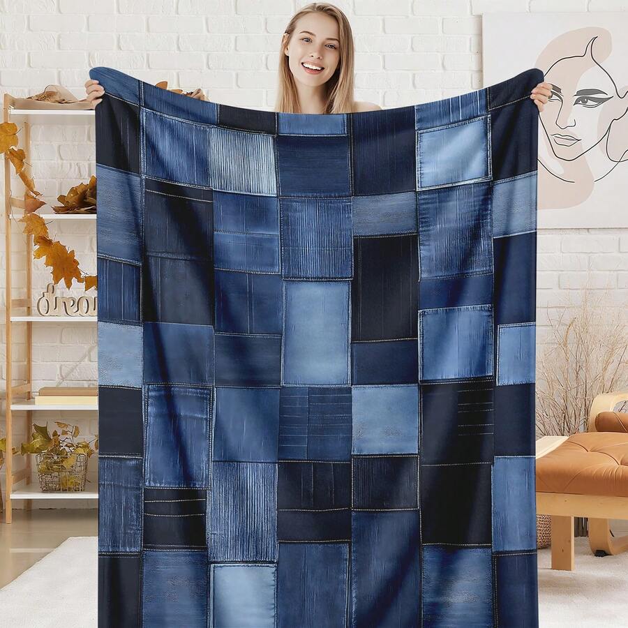 1 Piece Vintage Comfortable Denim Patchwork Blanket - Multicolor Blue Denim Patch Soft Flannel Shawl, All-Season Warm, Suitable For Sofa, Bed, Camping And Travel, Vintage Home Decor Gift, Patchwork Pattern |   Comfortable Texture,Stitch,Throw Blanket,Room Decor,Home Decor, Perfect Birthday Mother's Day Gift, Father's Day Gift,Teacher Appreciation Gifts,Boyfriend Gifts, - 1 - Xem 1
