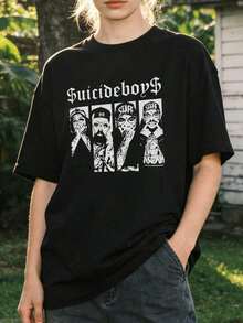 Camiseta de manga corta con cuello redondo suave y casual para mujer, estilo retro hip hop con estampado del personaje . - Negro - Ver 1