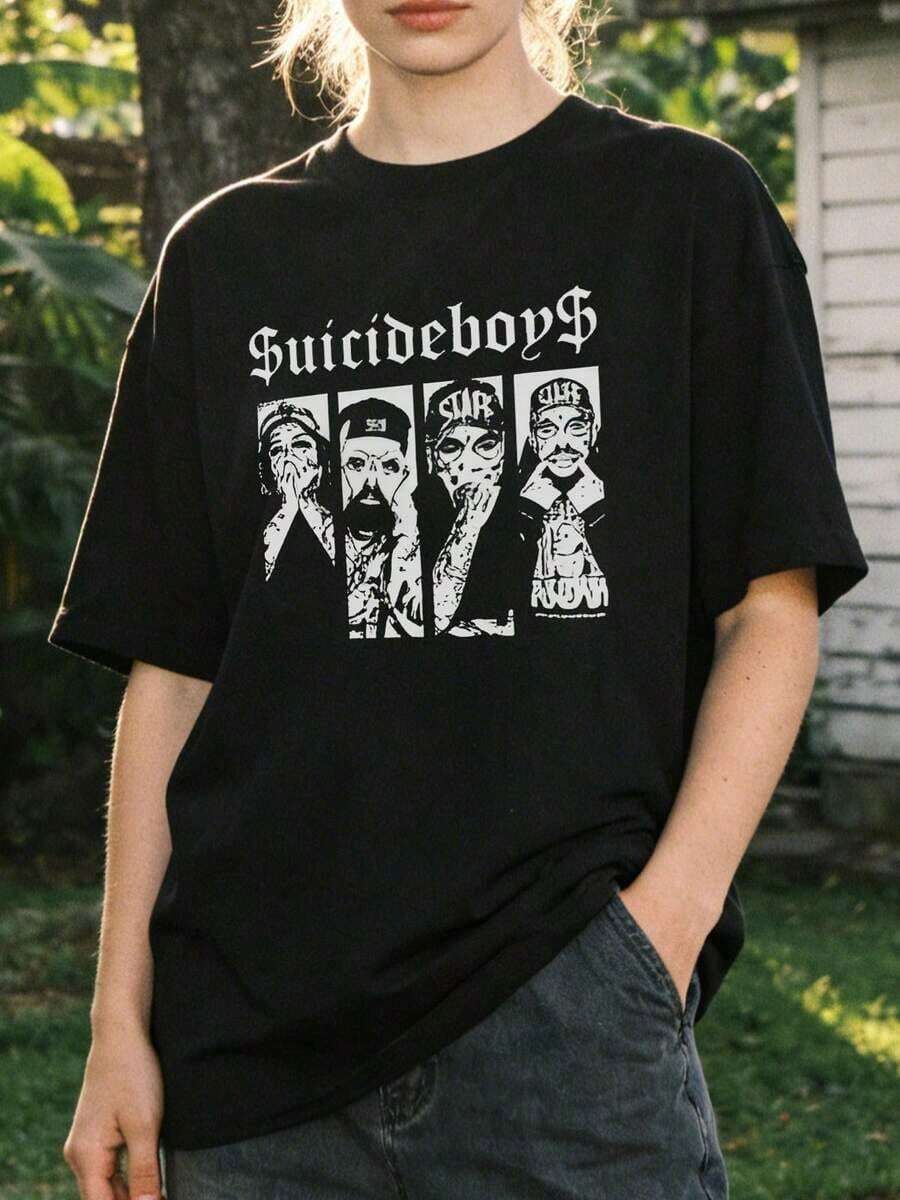 Camiseta de manga corta con cuello redondo suave y casual para mujer, estilo retro hip hop con estampado del personaje . - Negro - Ver 1